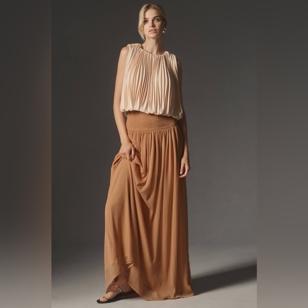 Anthropologie smocked flowy rose maxi skirt sheer s